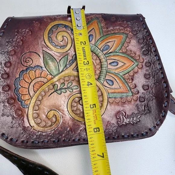 Hand Tooled Burgundy Leather Crossbody Bag Floral Paisley Embossed Boho Artisan - Picture 10 of 11